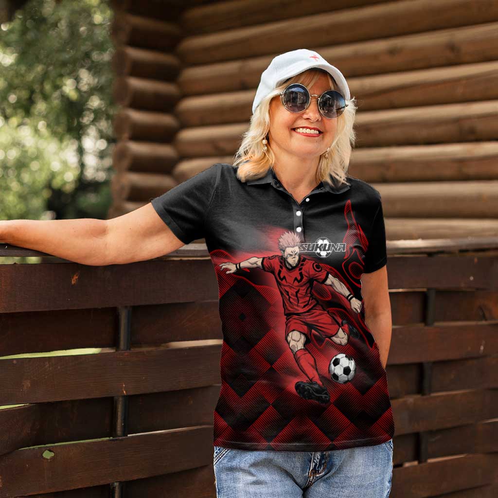 Personalized Sukuna Jujutsu Kaisen Soccer Theme Women Polo Shirt with Powerful Kick Pose and Red Black Plaid Graphic Design - The Mazicc