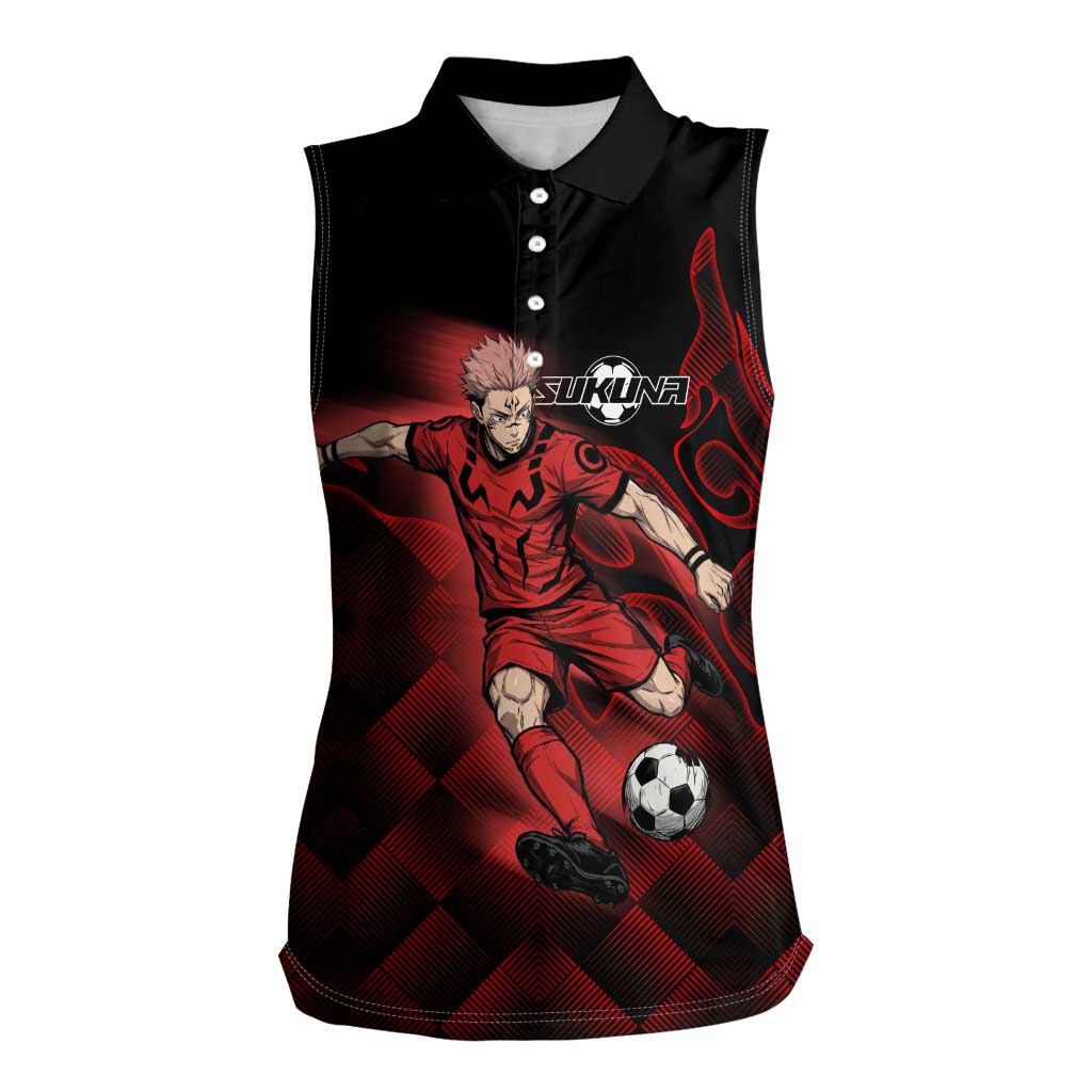 Personalized Sukuna Jujutsu Kaisen Soccer Theme Women Sleeveless Polo Shirt with Powerful Kick Pose and Red Black Plaid Graphic Design - The Mazicc