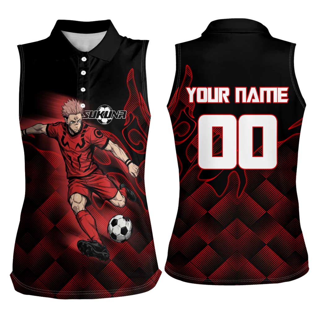 Personalized Sukuna Jujutsu Kaisen Soccer Theme Women Sleeveless Polo Shirt with Powerful Kick Pose and Red Black Plaid Graphic Design - The Mazicc