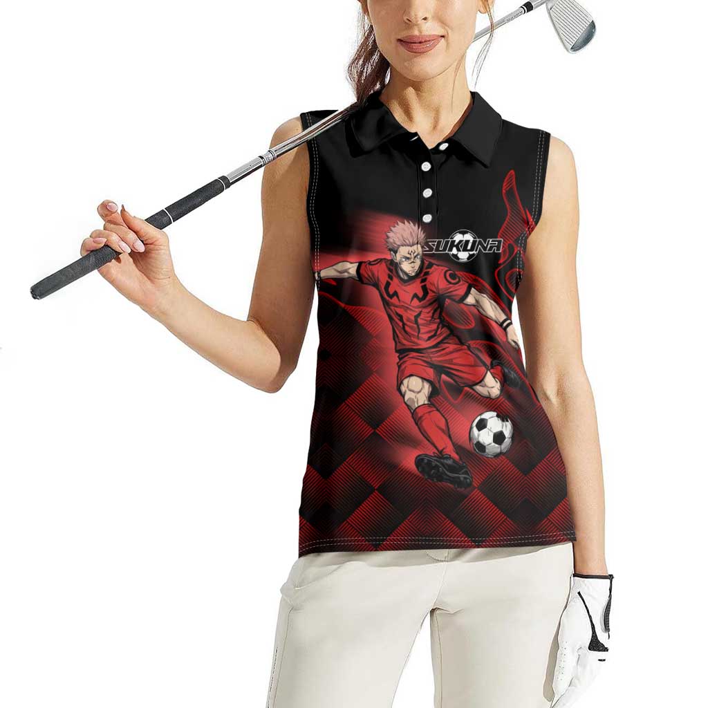 Personalized Sukuna Jujutsu Kaisen Soccer Theme Women Sleeveless Polo Shirt with Powerful Kick Pose and Red Black Plaid Graphic Design - The Mazicc