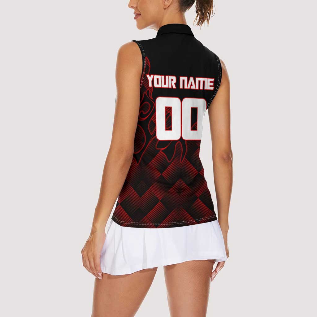 Personalized Sukuna Jujutsu Kaisen Soccer Theme Women Sleeveless Polo Shirt with Powerful Kick Pose and Red Black Plaid Graphic Design - The Mazicc
