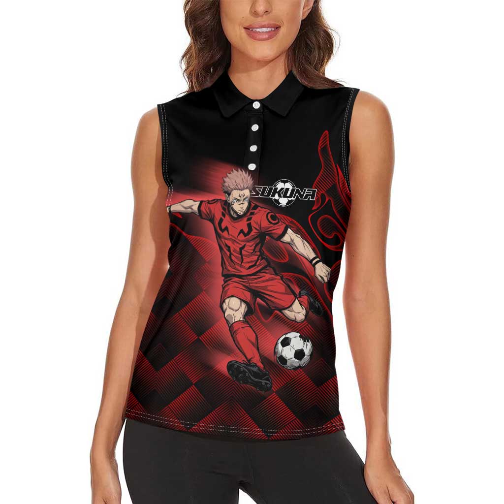 Personalized Sukuna Jujutsu Kaisen Soccer Theme Women Sleeveless Polo Shirt with Powerful Kick Pose and Red Black Plaid Graphic Design - The Mazicc