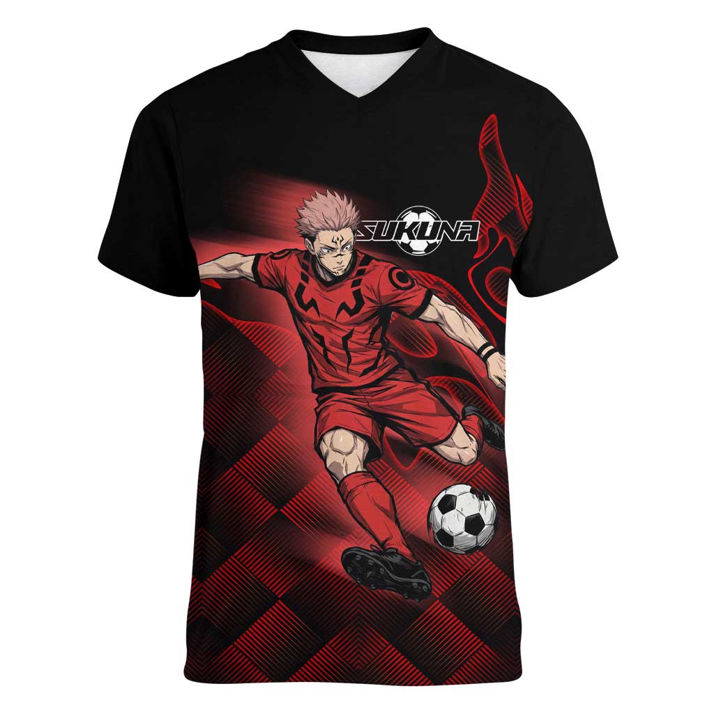 Personalized Sukuna Jujutsu Kaisen Soccer Theme Women V-Neck T-Shirt with Powerful Kick Pose and Red Black Plaid Graphic Design - The Mazicc