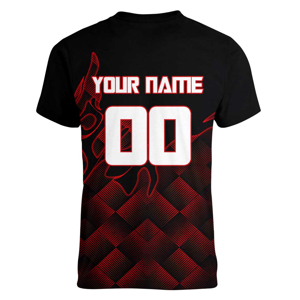 Personalized Sukuna Jujutsu Kaisen Soccer Theme Women V-Neck T-Shirt with Powerful Kick Pose and Red Black Plaid Graphic Design - The Mazicc