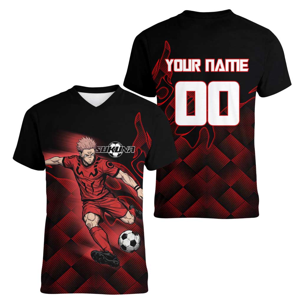 Personalized Sukuna Jujutsu Kaisen Soccer Theme Women V-Neck T-Shirt with Powerful Kick Pose and Red Black Plaid Graphic Design - The Mazicc
