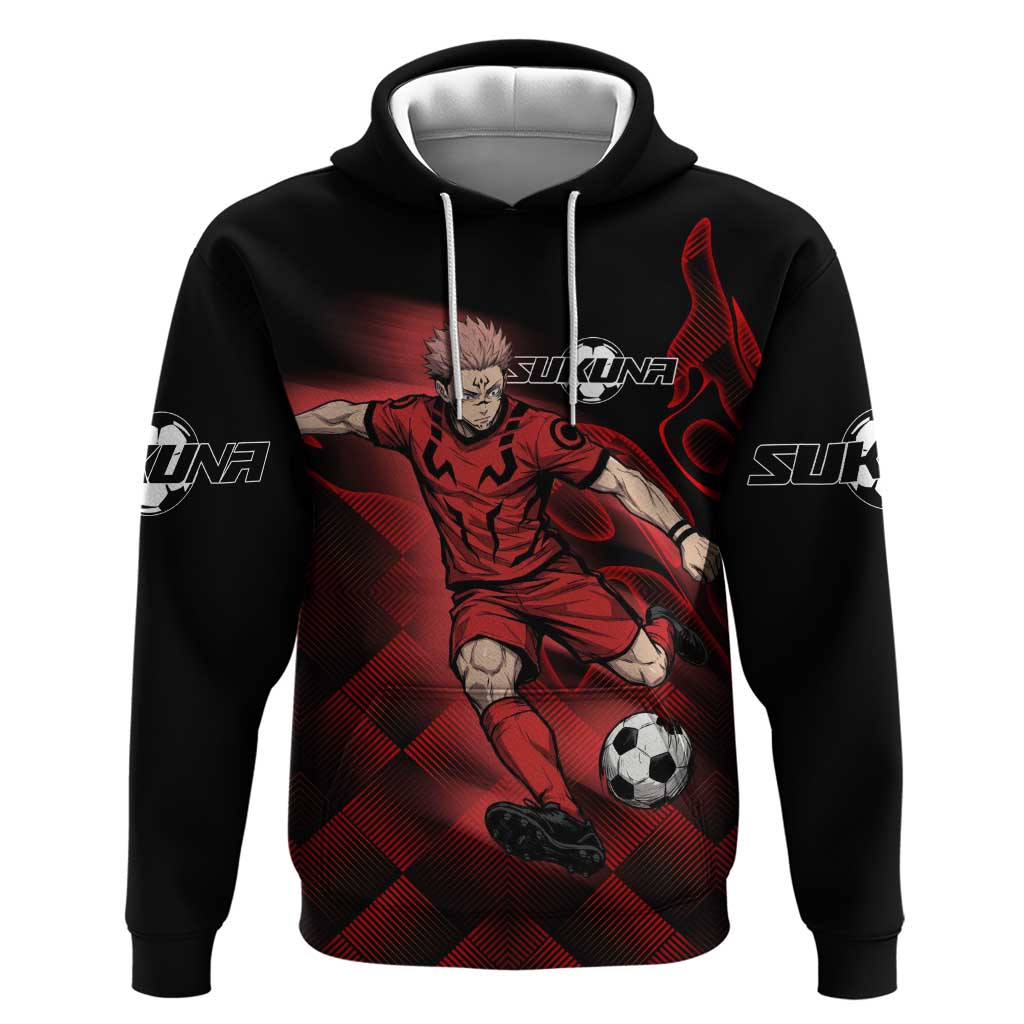 Personalized Sukuna Jujutsu Kaisen Soccer Theme Zip Hoodie with Powerful Kick Pose and Red Black Plaid Graphic Design - The Mazicc