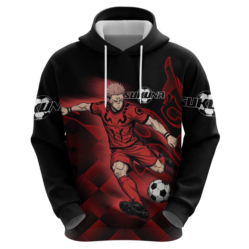 Personalized Sukuna Jujutsu Kaisen Soccer Theme Zip Hoodie with Powerful Kick Pose and Red Black Plaid Graphic Design - The Mazicc