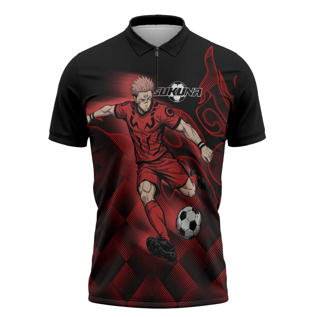Personalized Sukuna Jujutsu Kaisen Soccer Theme Zipper Polo Shirt with Powerful Kick Pose and Red Black Plaid Graphic Design - The Mazicc