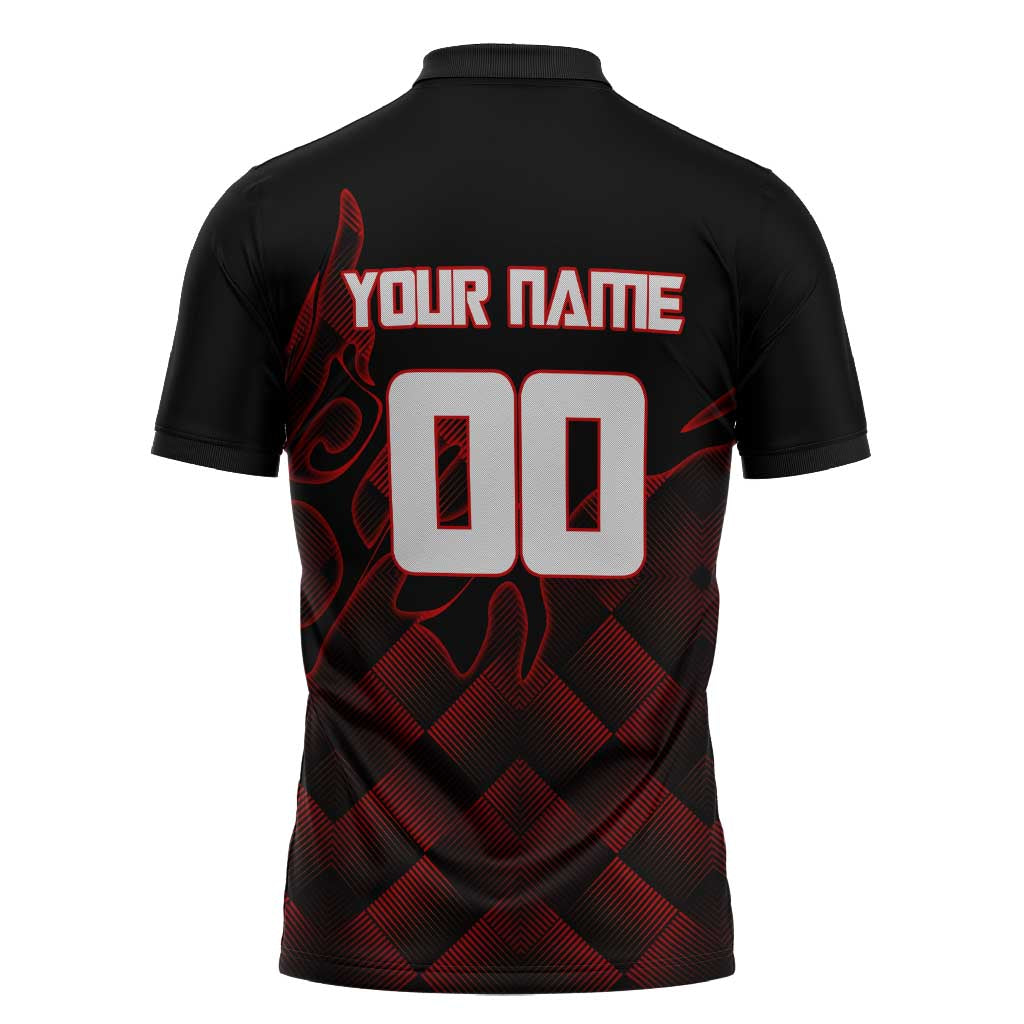 Personalized Sukuna Jujutsu Kaisen Soccer Theme Zipper Polo Shirt with Powerful Kick Pose and Red Black Plaid Graphic Design - The Mazicc