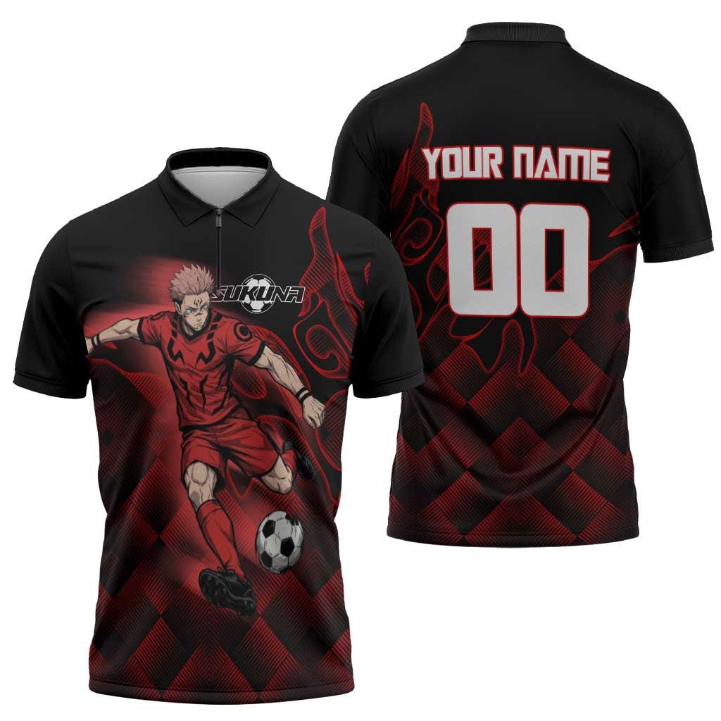 Personalized Sukuna Jujutsu Kaisen Soccer Theme Zipper Polo Shirt with Powerful Kick Pose and Red Black Plaid Graphic Design - The Mazicc