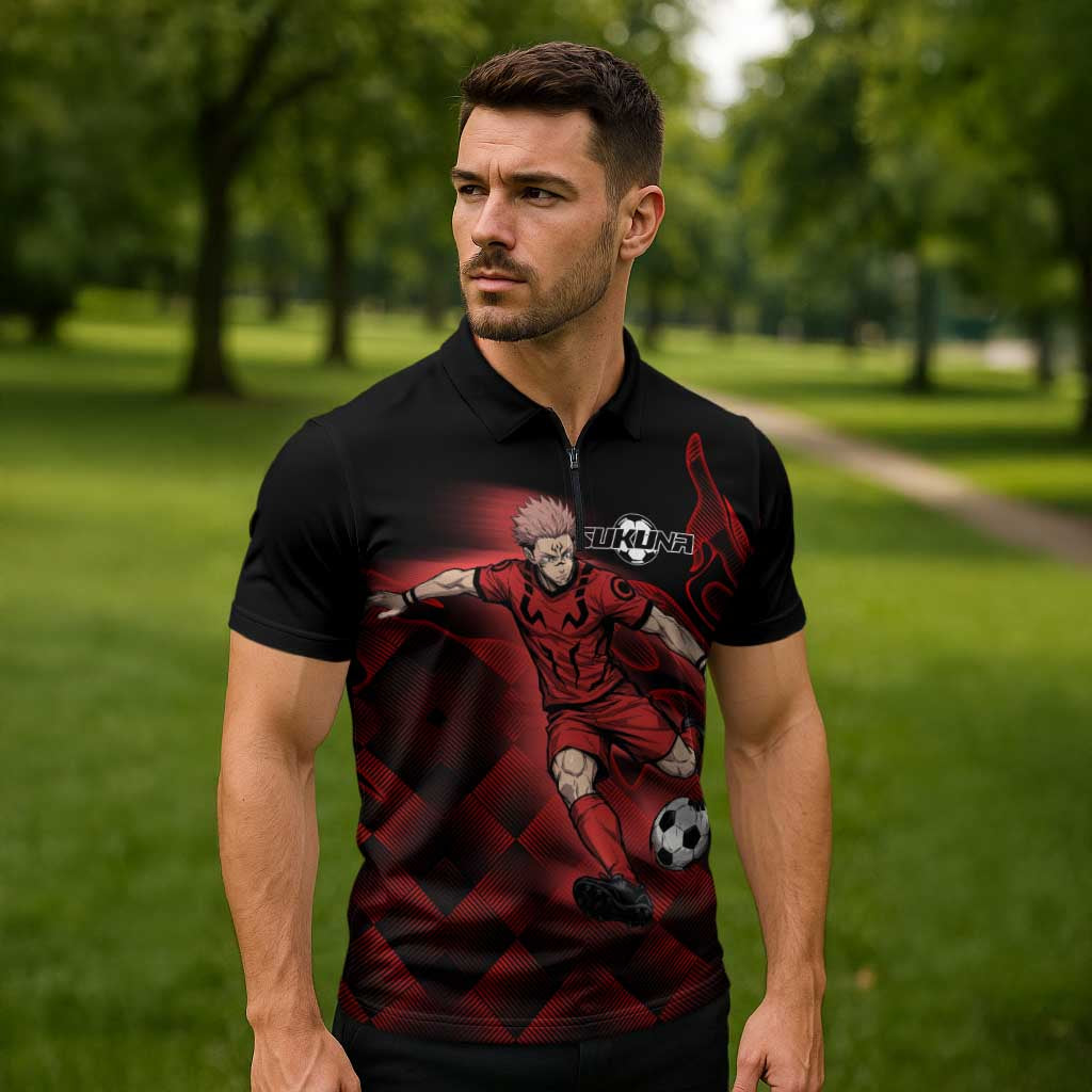 Personalized Sukuna Jujutsu Kaisen Soccer Theme Zipper Polo Shirt with Powerful Kick Pose and Red Black Plaid Graphic Design - The Mazicc