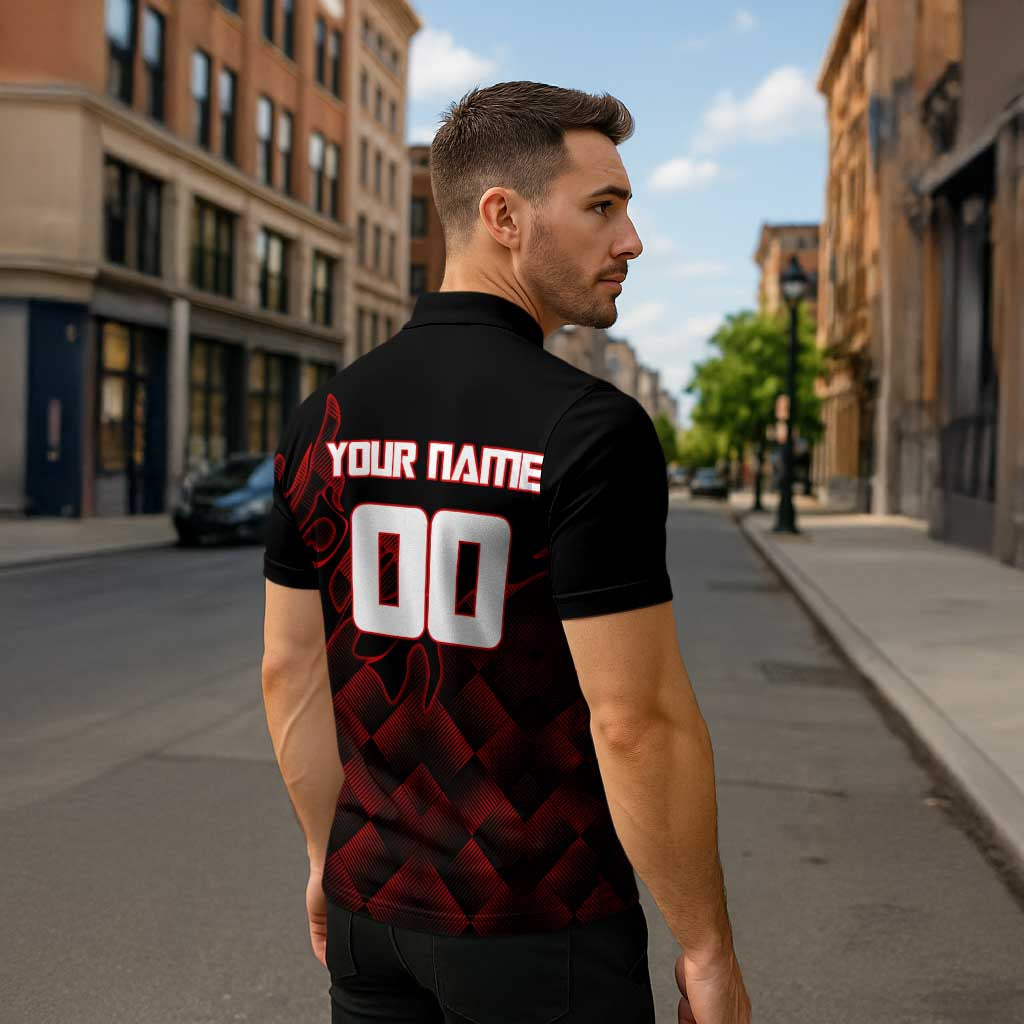 Personalized Sukuna Jujutsu Kaisen Soccer Theme Zipper Polo Shirt with Powerful Kick Pose and Red Black Plaid Graphic Design - The Mazicc