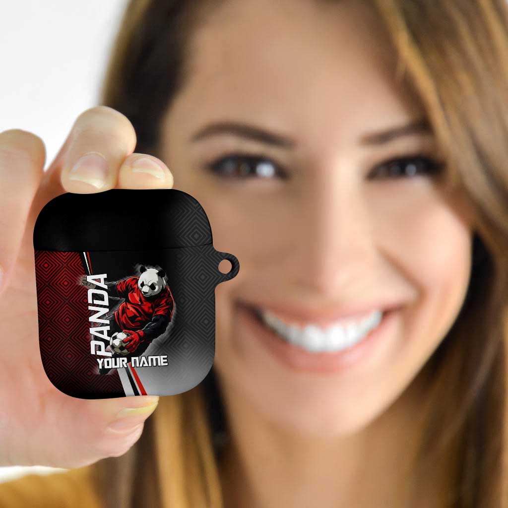 Personalized Panda Jujutsu Kaisen Soccer Theme AirPods Case with Goalkeeper Pose and Red Black Geometric Graphic Design - The Mazicc