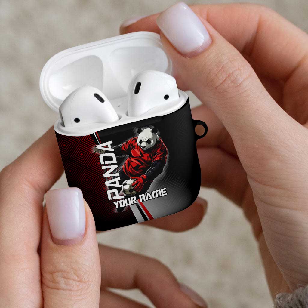 Personalized Panda Jujutsu Kaisen Soccer Theme AirPods Case with Goalkeeper Pose and Red Black Geometric Graphic Design - The Mazicc
