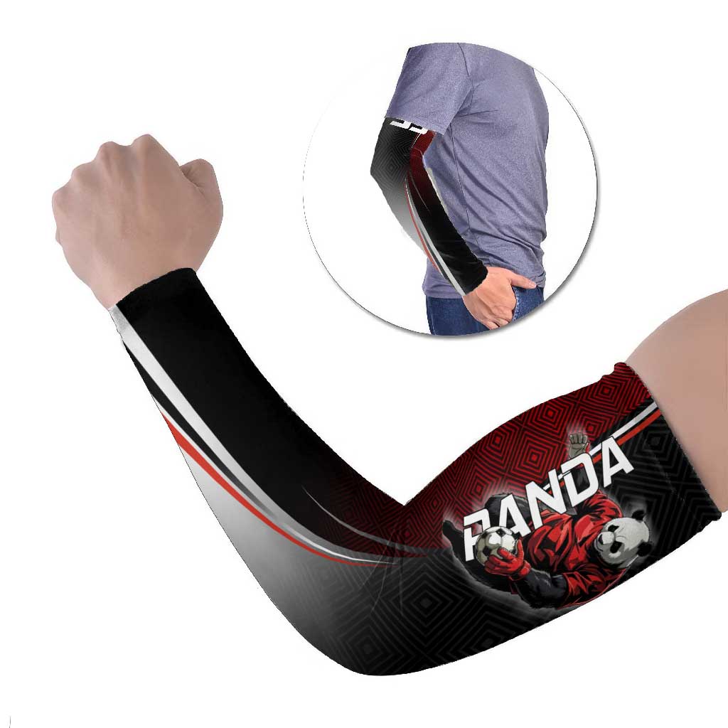 Personalized Panda Jujutsu Kaisen Soccer Theme Arm Sleeves with Goalkeeper Pose and Red Black Geometric Graphic Design - The Mazicc