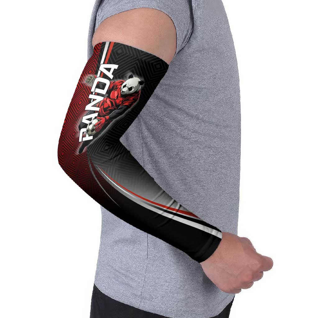 Personalized Panda Jujutsu Kaisen Soccer Theme Arm Sleeves with Goalkeeper Pose and Red Black Geometric Graphic Design - The Mazicc