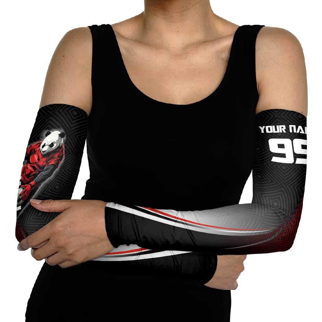 Personalized Panda Jujutsu Kaisen Soccer Theme Arm Sleeves with Goalkeeper Pose and Red Black Geometric Graphic Design - The Mazicc