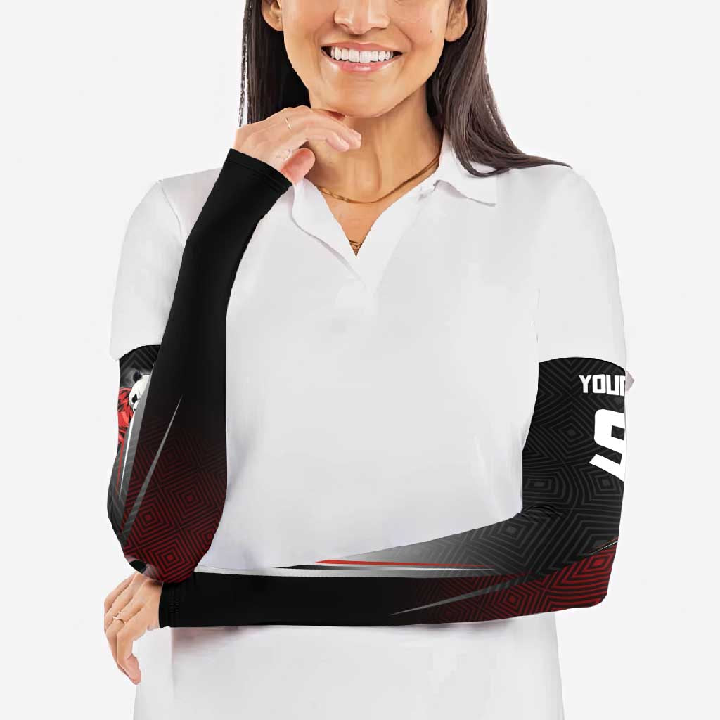 Personalized Panda Jujutsu Kaisen Soccer Theme Arm Sleeves with Goalkeeper Pose and Red Black Geometric Graphic Design - The Mazicc