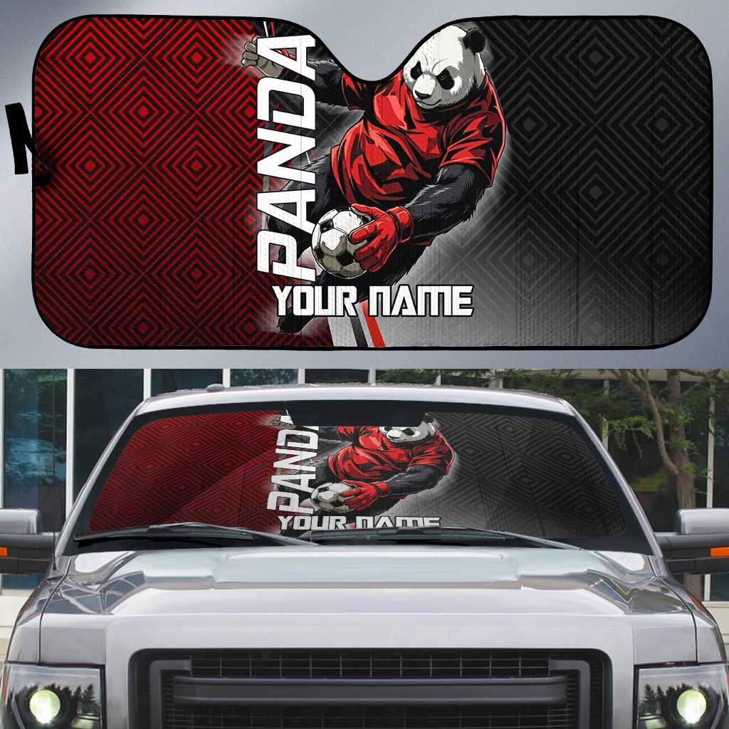 Personalized Panda Jujutsu Kaisen Soccer Theme Auto Sun Shade with Goalkeeper Pose and Red Black Geometric Graphic Design - The Mazicc