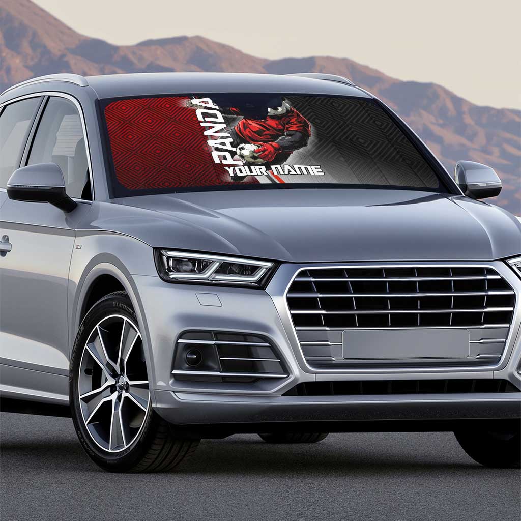 Personalized Panda Jujutsu Kaisen Soccer Theme Auto Sun Shade with Goalkeeper Pose and Red Black Geometric Graphic Design - The Mazicc