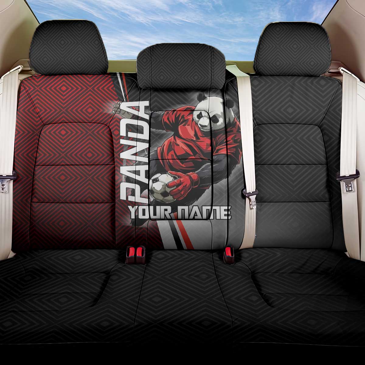 Personalized Panda Jujutsu Kaisen Soccer Theme Back Car Seat Cover with Goalkeeper Pose and Red Black Geometric Graphic Design - The Mazicc