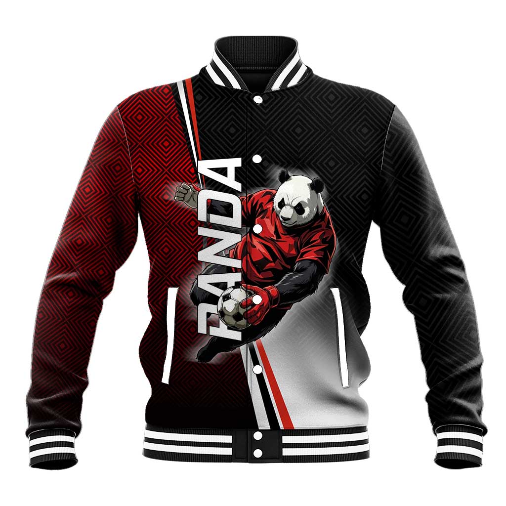 Personalized Panda Jujutsu Kaisen Soccer Theme Baseball Jacket with Goalkeeper Pose and Red Black Geometric Graphic Design - The Mazicc