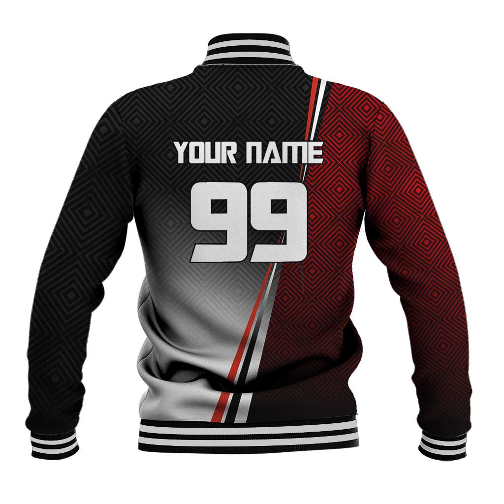 Personalized Panda Jujutsu Kaisen Soccer Theme Baseball Jacket with Goalkeeper Pose and Red Black Geometric Graphic Design - The Mazicc