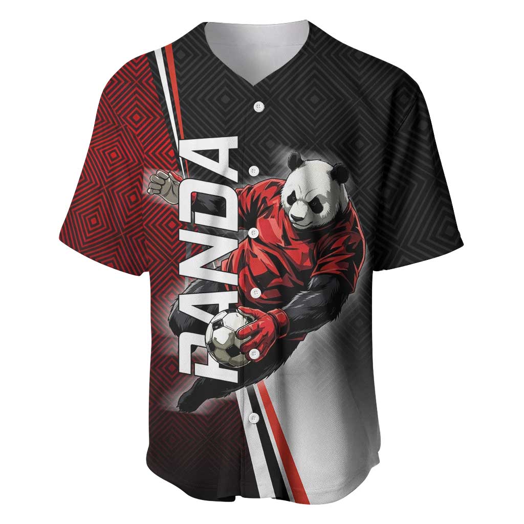 Personalized Panda Jujutsu Kaisen Soccer Theme Baseball Jersey with Goalkeeper Pose and Red Black Geometric Graphic Design - The Mazicc