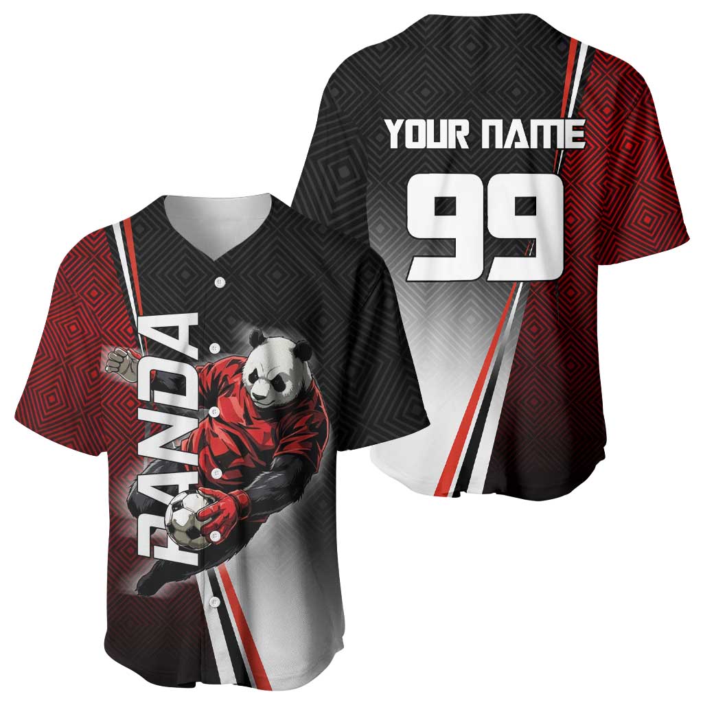 Personalized Panda Jujutsu Kaisen Soccer Theme Baseball Jersey with Goalkeeper Pose and Red Black Geometric Graphic Design - The Mazicc