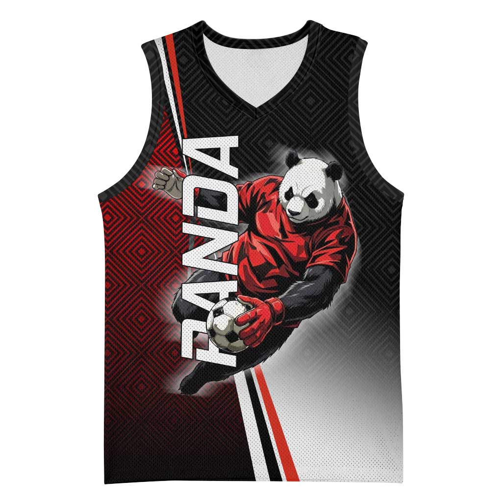 Personalized Panda Jujutsu Kaisen Soccer Theme Basketball Jersey with Goalkeeper Pose and Red Black Geometric Graphic Design - The Mazicc