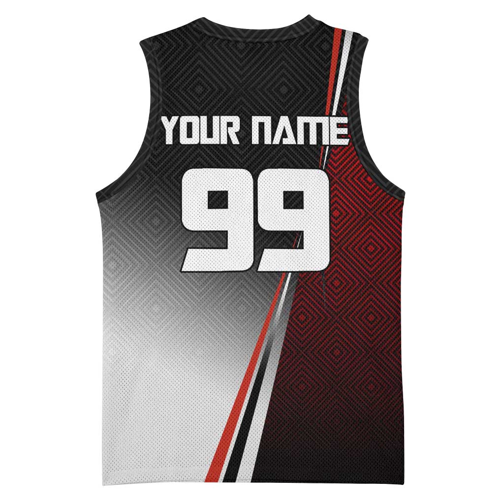 Personalized Panda Jujutsu Kaisen Soccer Theme Basketball Jersey with Goalkeeper Pose and Red Black Geometric Graphic Design - The Mazicc