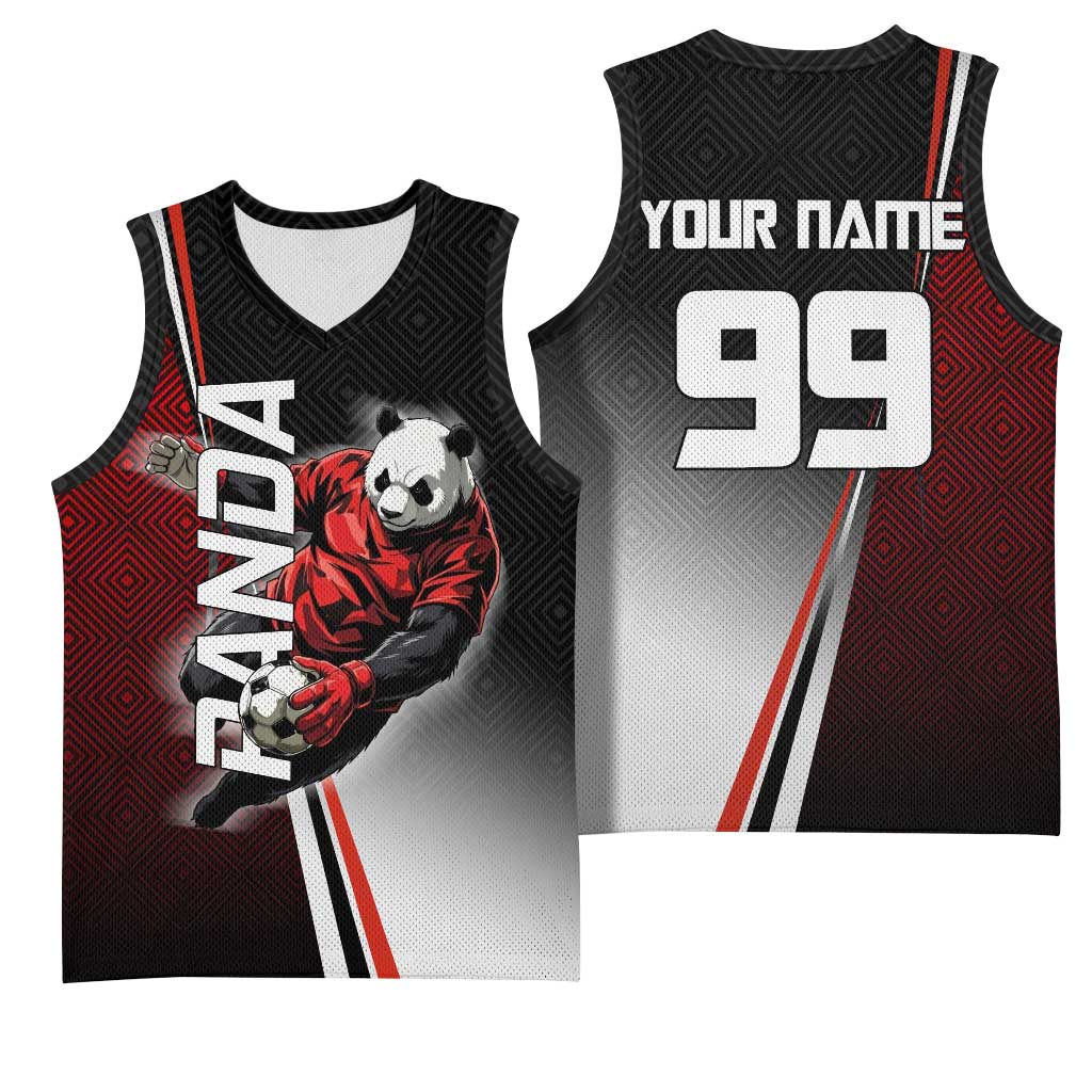 Personalized Panda Jujutsu Kaisen Soccer Theme Basketball Jersey with Goalkeeper Pose and Red Black Geometric Graphic Design - The Mazicc