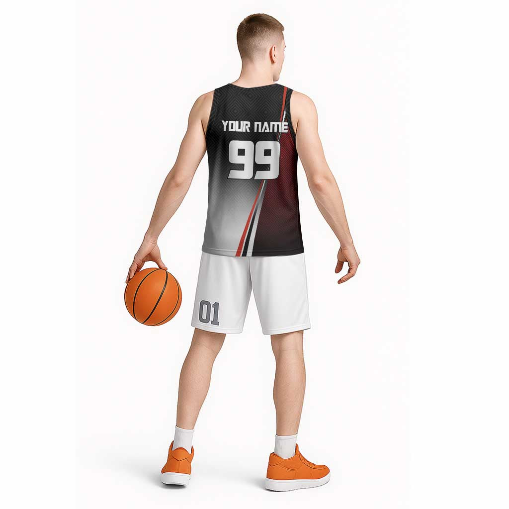 Personalized Panda Jujutsu Kaisen Soccer Theme Basketball Jersey with Goalkeeper Pose and Red Black Geometric Graphic Design - The Mazicc
