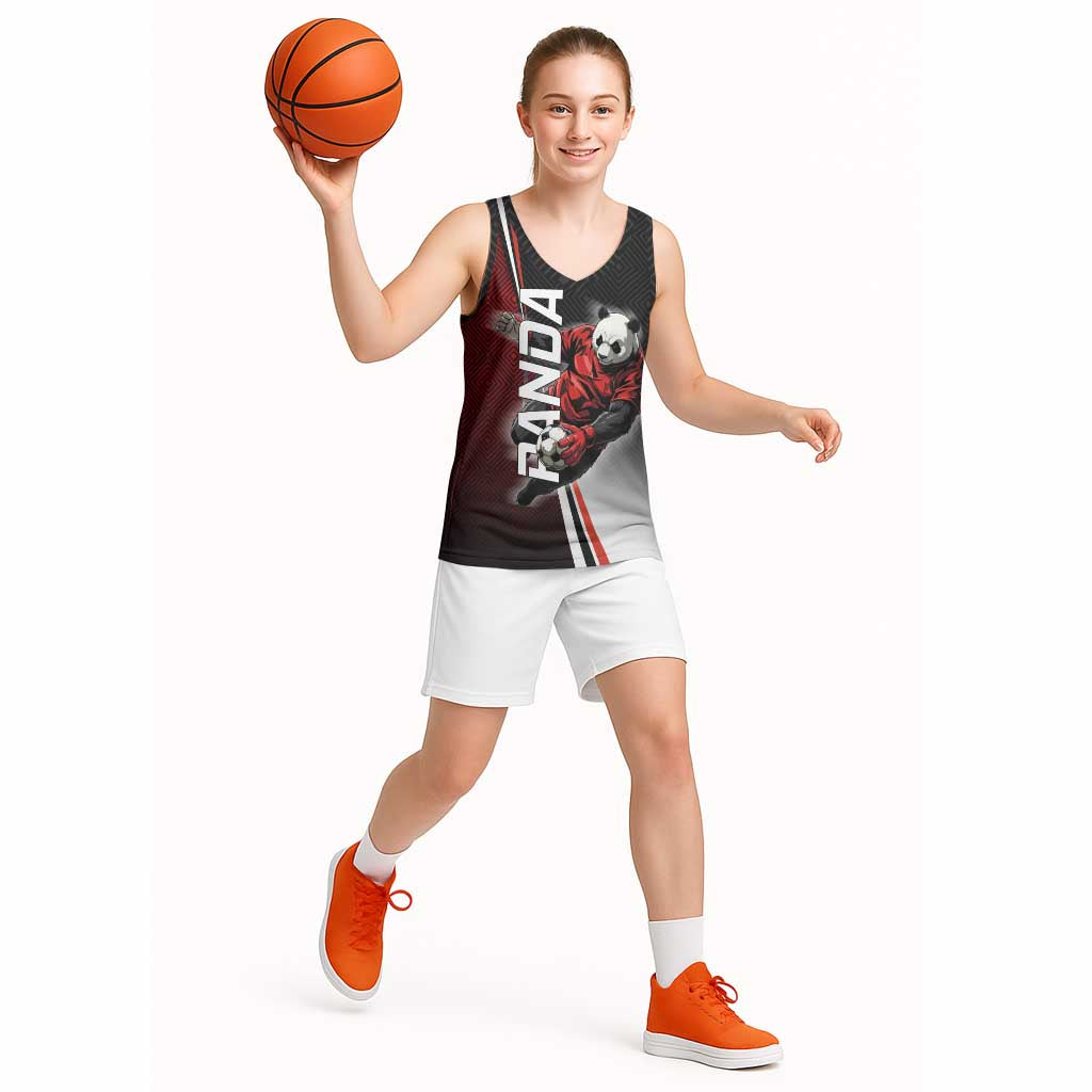 Personalized Panda Jujutsu Kaisen Soccer Theme Basketball Jersey with Goalkeeper Pose and Red Black Geometric Graphic Design - The Mazicc