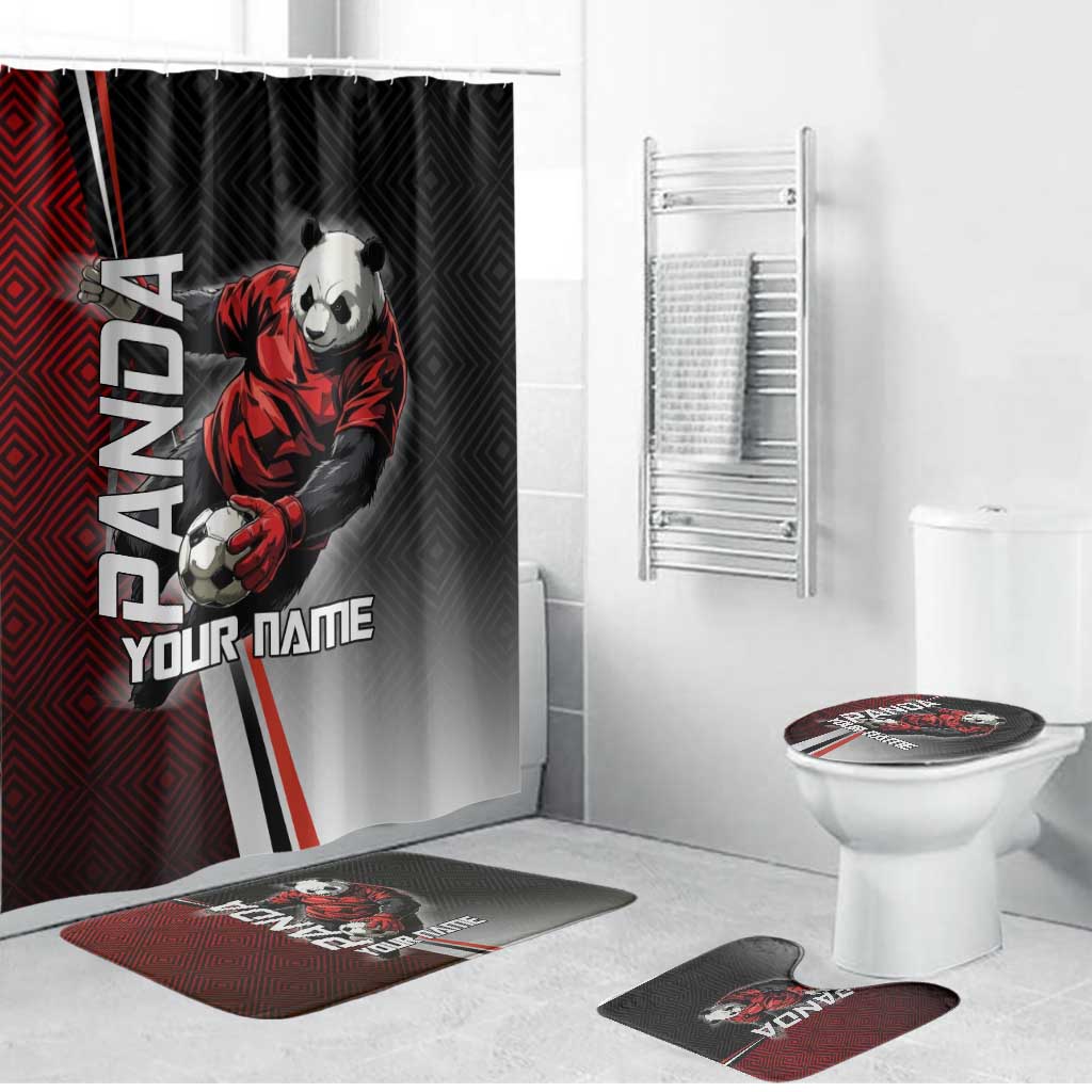 Personalized Panda Jujutsu Kaisen Soccer Theme Bathroom Set with Goalkeeper Pose and Red Black Geometric Graphic Design - The Mazicc
