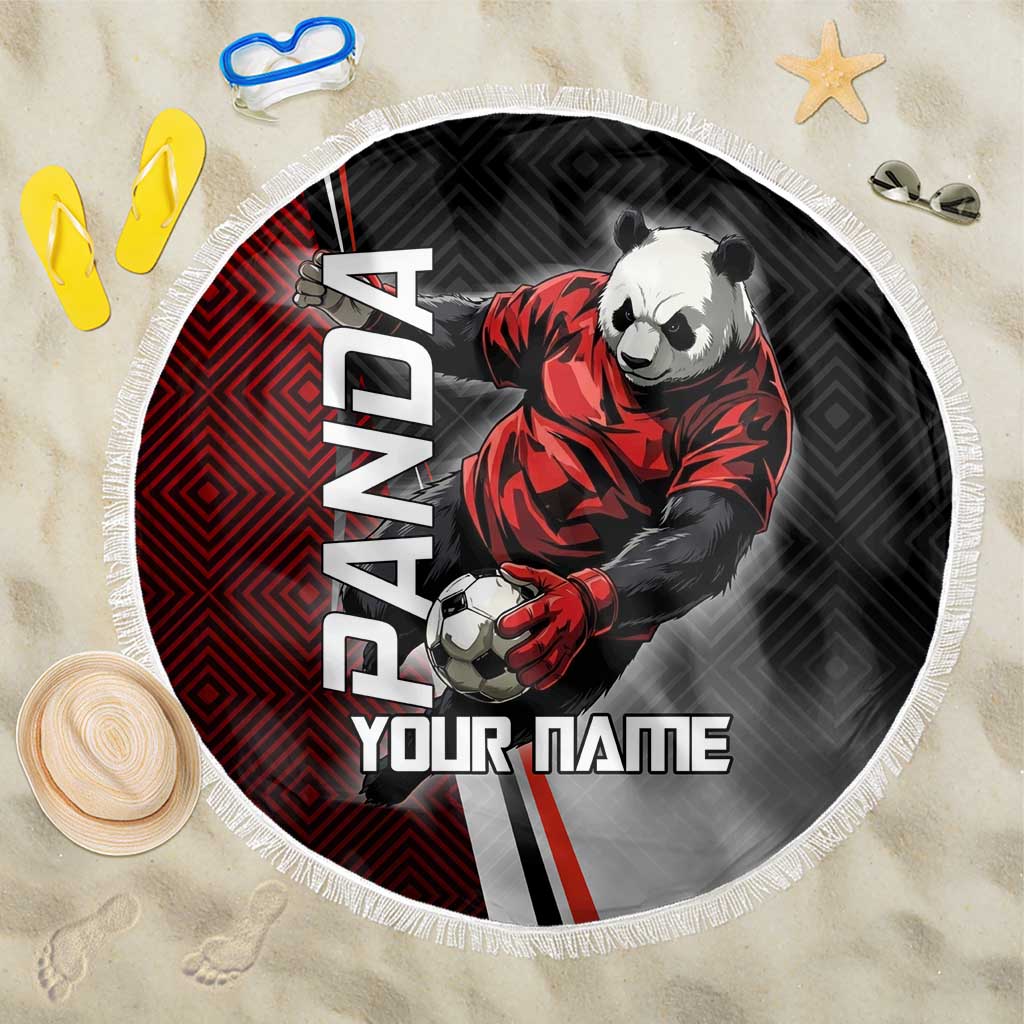 Personalized Panda Jujutsu Kaisen Soccer Theme Beach Blanket with Goalkeeper Pose and Red Black Geometric Graphic Design - The Mazicc