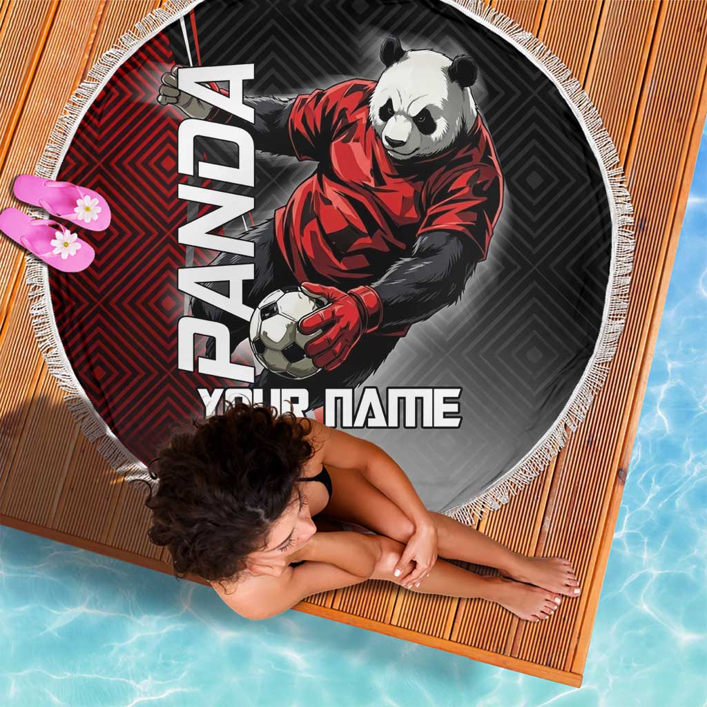 Personalized Panda Jujutsu Kaisen Soccer Theme Beach Blanket with Goalkeeper Pose and Red Black Geometric Graphic Design - The Mazicc
