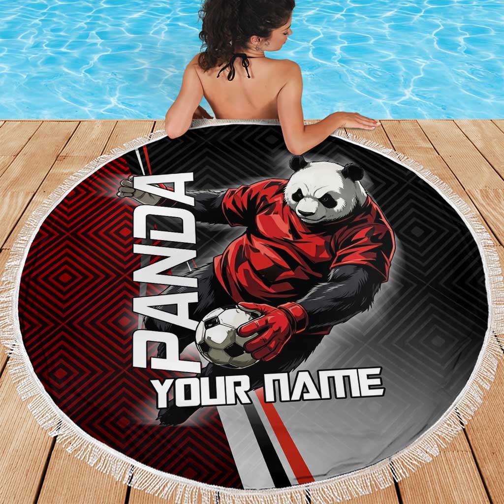 Personalized Panda Jujutsu Kaisen Soccer Theme Beach Blanket with Goalkeeper Pose and Red Black Geometric Graphic Design - The Mazicc