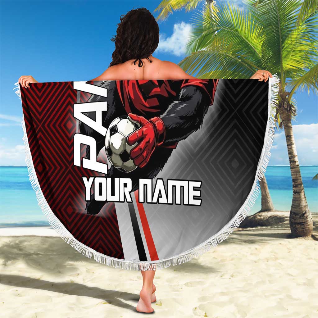 Personalized Panda Jujutsu Kaisen Soccer Theme Beach Blanket with Goalkeeper Pose and Red Black Geometric Graphic Design - The Mazicc