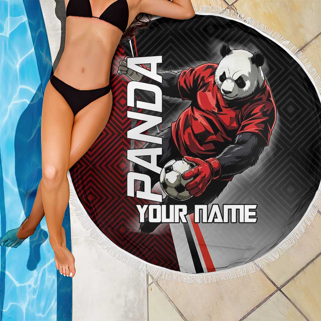 Personalized Panda Jujutsu Kaisen Soccer Theme Beach Blanket with Goalkeeper Pose and Red Black Geometric Graphic Design - The Mazicc