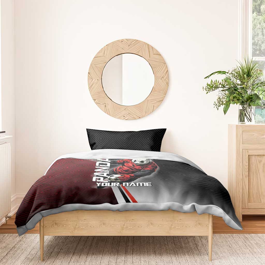 Personalized Panda Jujutsu Kaisen Soccer Theme Bedding Set with Goalkeeper Pose and Red Black Geometric Graphic Design - The Mazicc
