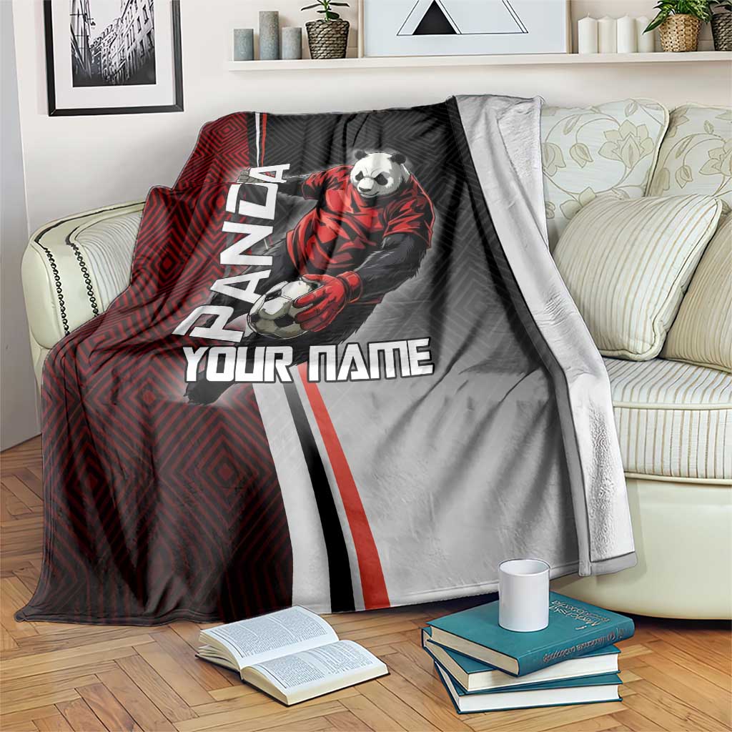 Personalized Panda Jujutsu Kaisen Soccer Theme Blanket with Goalkeeper Pose and Red Black Geometric Graphic Design - The Mazicc