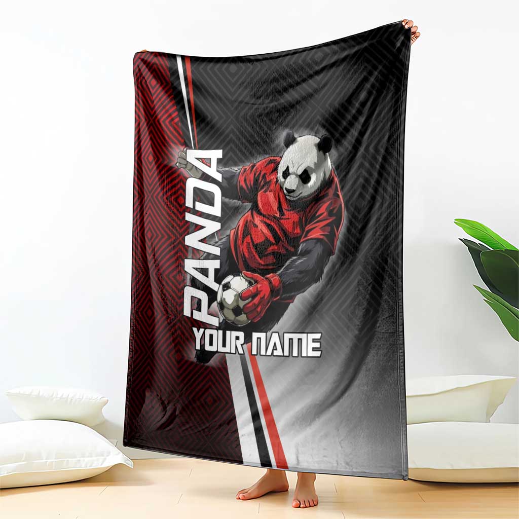 Personalized Panda Jujutsu Kaisen Soccer Theme Blanket with Goalkeeper Pose and Red Black Geometric Graphic Design - The Mazicc