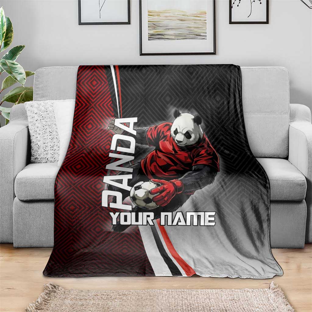 Personalized Panda Jujutsu Kaisen Soccer Theme Blanket with Goalkeeper Pose and Red Black Geometric Graphic Design - The Mazicc