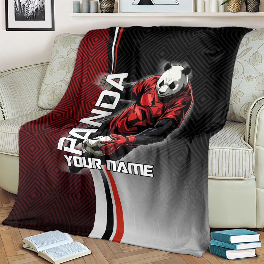 Personalized Panda Jujutsu Kaisen Soccer Theme Blanket with Goalkeeper Pose and Red Black Geometric Graphic Design - The Mazicc