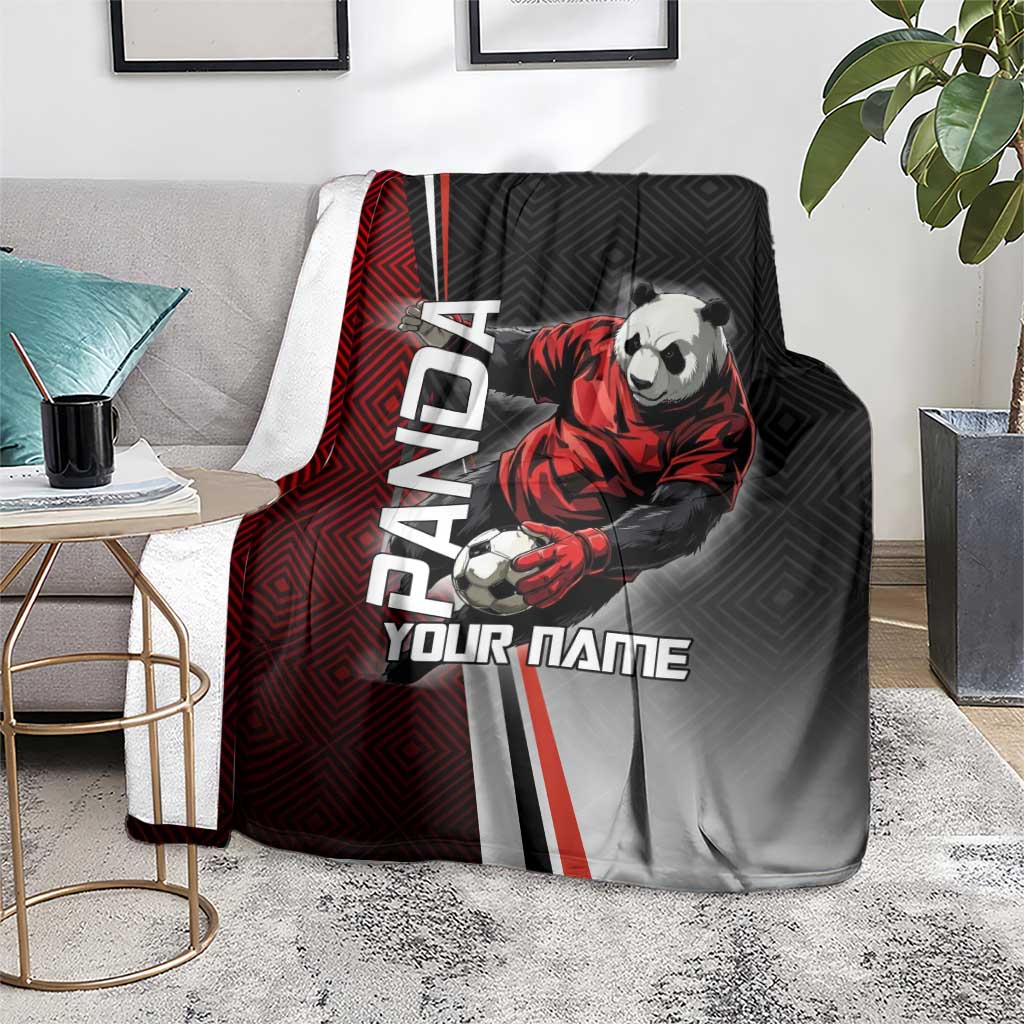 Personalized Panda Jujutsu Kaisen Soccer Theme Blanket with Goalkeeper Pose and Red Black Geometric Graphic Design - The Mazicc