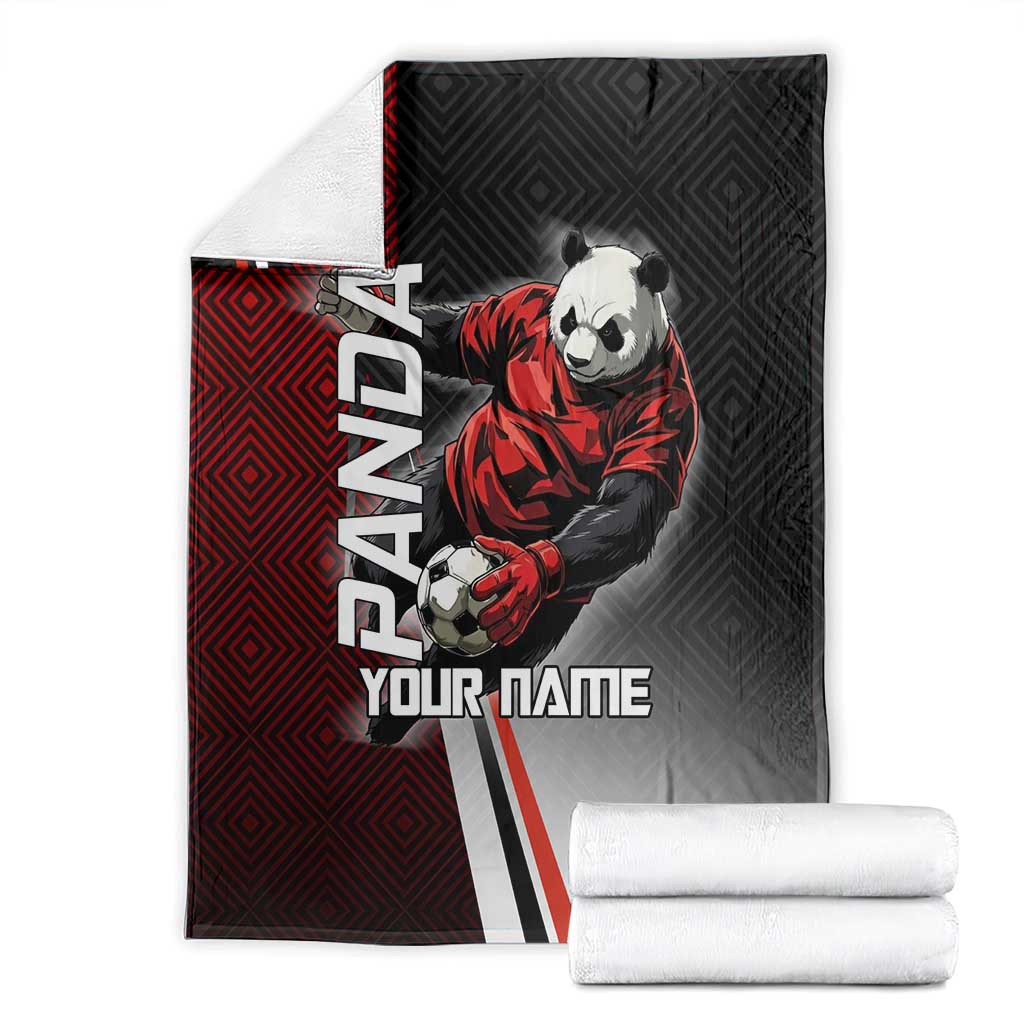 Personalized Panda Jujutsu Kaisen Soccer Theme Blanket with Goalkeeper Pose and Red Black Geometric Graphic Design - The Mazicc