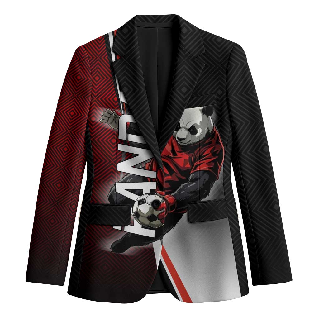 Personalized Panda Jujutsu Kaisen Soccer Theme Blazer with Goalkeeper Pose and Red Black Geometric Graphic Design - The Mazicc