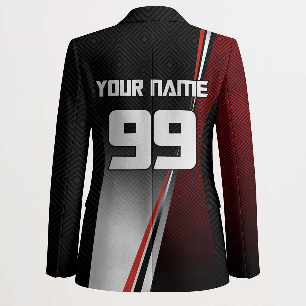 Personalized Panda Jujutsu Kaisen Soccer Theme Blazer with Goalkeeper Pose and Red Black Geometric Graphic Design - The Mazicc