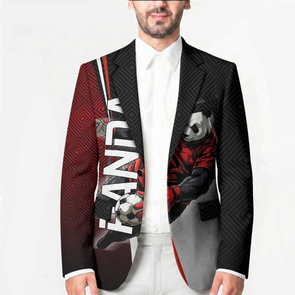 Personalized Panda Jujutsu Kaisen Soccer Theme Blazer with Goalkeeper Pose and Red Black Geometric Graphic Design - The Mazicc